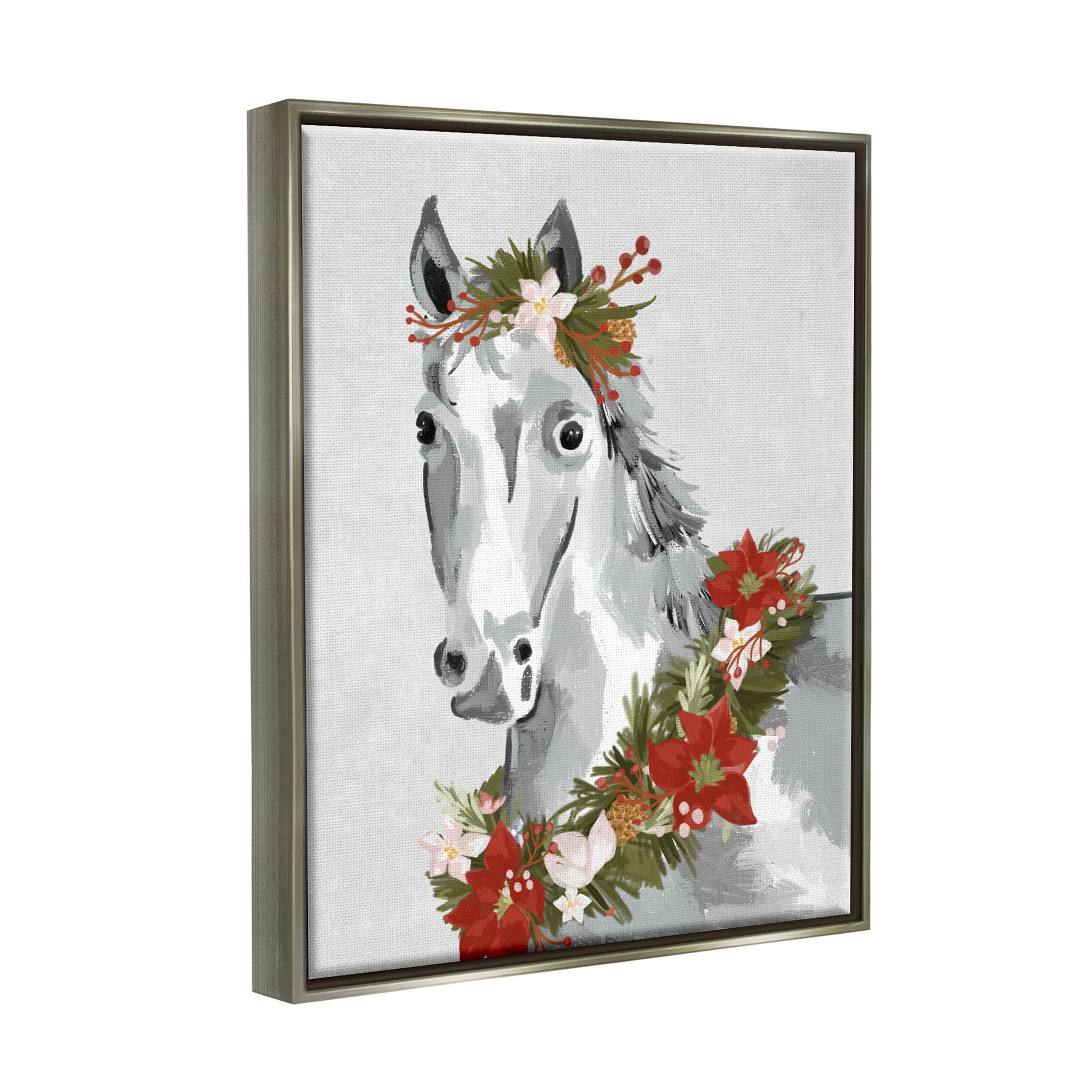Stupell Industries Festive Holiday Horse Holly Wreath Graphic Art Luster Gray Floating Framed Canvas Print Wall Art, Design by Laura Konyndyk