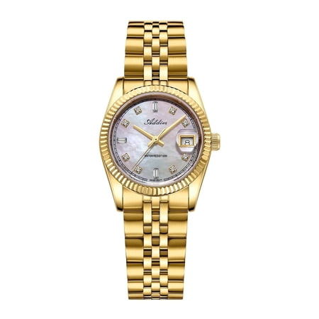 ADDIES Women's 28mm Luxury Watch, Mother of Pearl Dial Czech Crystal Stainless Steel Sapphire Ladies Analog Wristwatch, 50m Waterproof Gift for Wife Mother Daughter