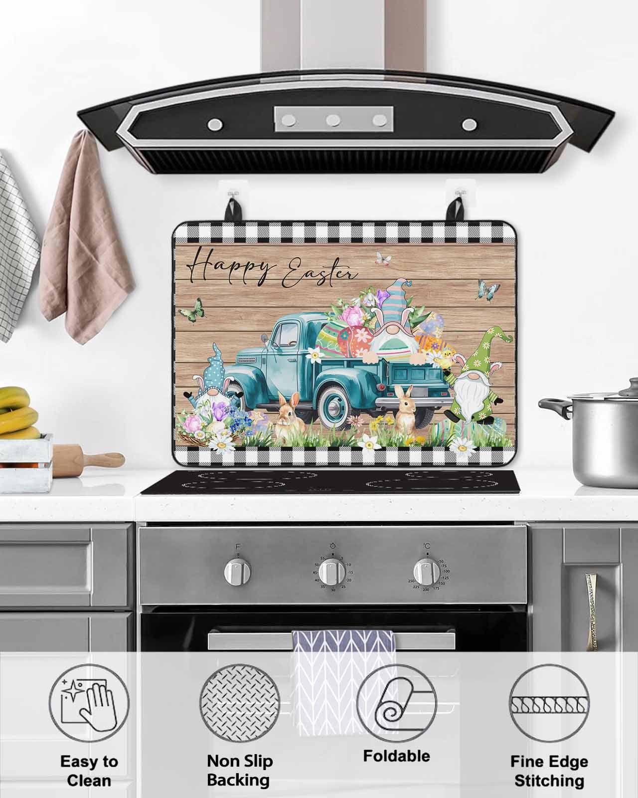 Large Induction Cooktop Protector Mat Easter Stove Top Covers for Electric Stove, Plaid Truck Eggs Bunny Floral Gnomes Wooden Decorative Stove Burner Cover Mats, Glass Top Stove Cover