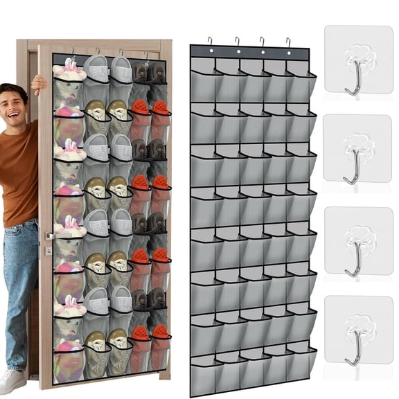 Onekawa 40 Pairs Over The Door Shoe Organizer, Space Saving Hanging Shoe Rack for Closet Door with 8 Hooks, Breathable Mesh Storage Holder for Shoes, Accessories, Holds Up to 40 lbs, Gray