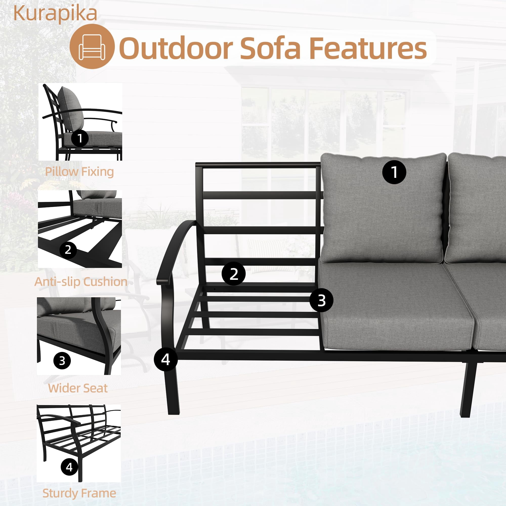 Gotland Metal Patio Furniture Set 5-Seat Modern Metal Bistro Set Outdoor Conversation Sets, 2 Piece Patio Rocker Chairs with Thick Cushion and Coffee Table for Garden Backyard Deck Lawn, Grey
