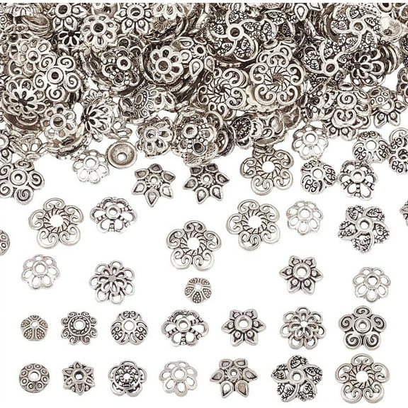 300 Pcs 15 Styles Tibetan Style Bead Caps Alloy Bead Cap Flower Bead Caps Vintage Floral Bead Cap DIY Findings for Necklaces Bracelets Jewelry Making Silver Silver