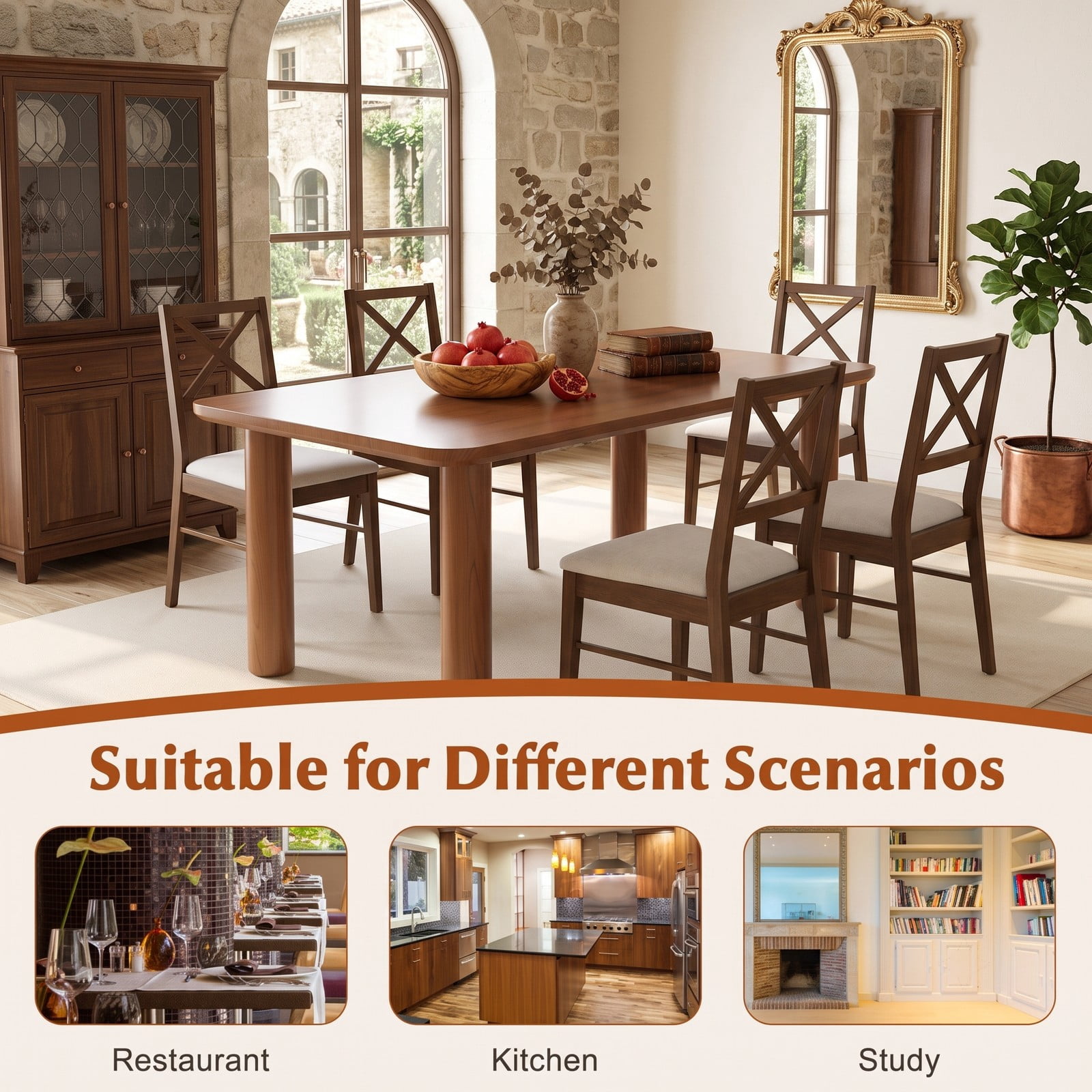 Furnibear Upholstered Dining Chairs Set of 2, Padded Side Chairs with Rubber Wood Frame, Ergonomic Cross Backrest & Non-Slip Foot Pads for Kitchen Living Room, Brown