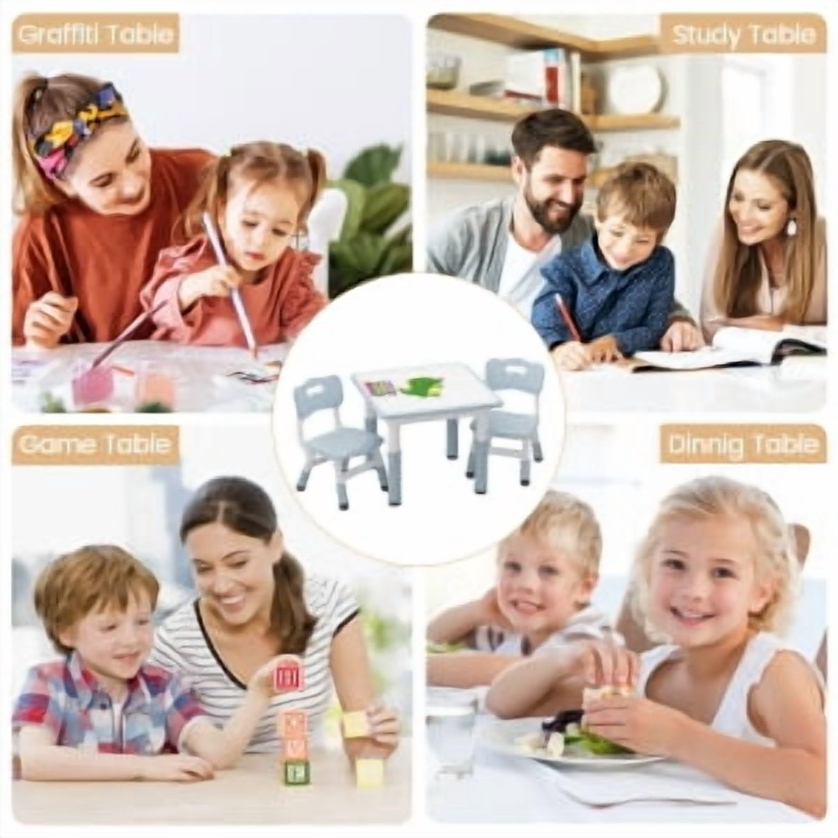 Kids Table & 2 Chair Set,Square Table and Chairs Set,Height Adjustable Toddler Table with Graffiti Desktop,Children Multi-Activity Table for 2,Kids Furniture for Ages 2-8