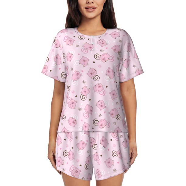 Fotbe Cute Pig Conjunto de Pijama Estampado para Mujer, 2 Piezas, Ropa de Dormir con Camiseta de Manga Corta y Shorts Suaves-4X-Large