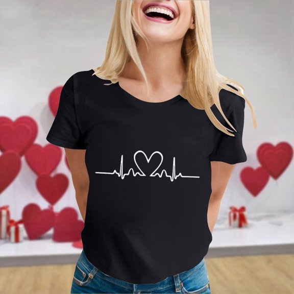 SHITINN Ladies Fashion Casual Valentine's Day Print Outdoor Sports Round Neck Short Sleeve T Shir Womens Tshirts Womens Short Sleeve Tops Women Tops Summer