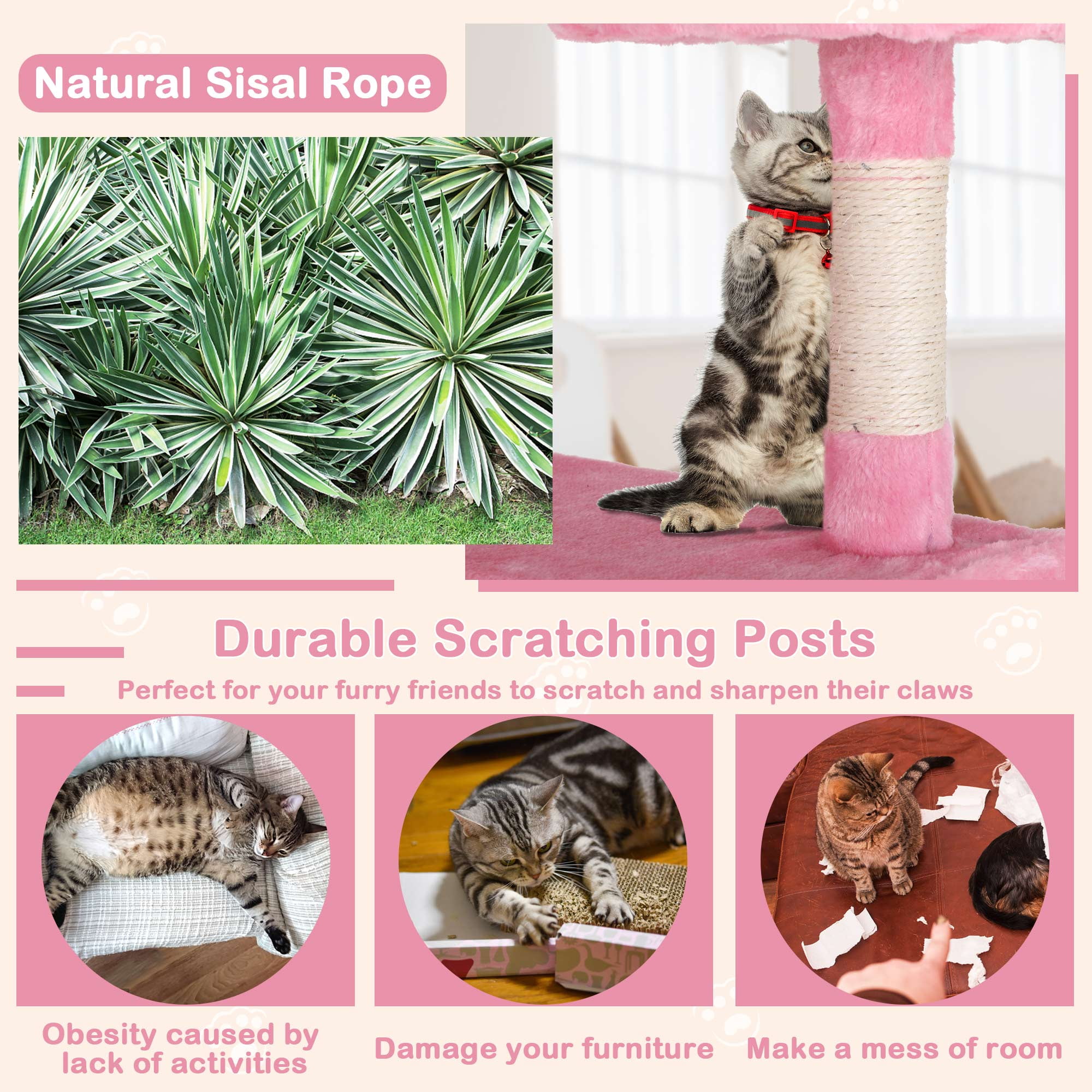 CL.HPAHKL 54in Cat Tree Tower, Multi-Level Cat Tower Furniture Activity Center with Platform Scratching Posts Stand House Condo and Toy, Cat Condos for Indoor Cats Kitten Activity Relaxing, Pink