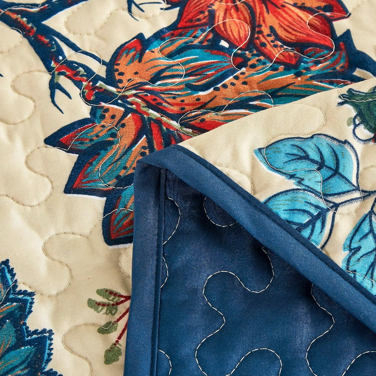 Chezmoi Collection Paradise 3-Piece Floral Quilt Set King, Multicolor Blue Red Orange Cream Printed Microfiber Lightweight Bedspread Set for All season