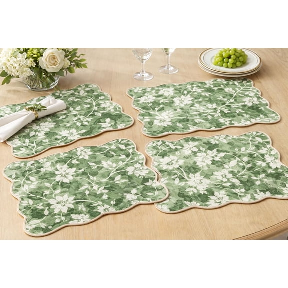 Fennco Styles Green Botanical Scalloped Placemats 12" x 18", Set of 4 – Floral Vine Print Decorative Table Mats for Holidays, Family Gatherings, Kitchen & Dining Décor