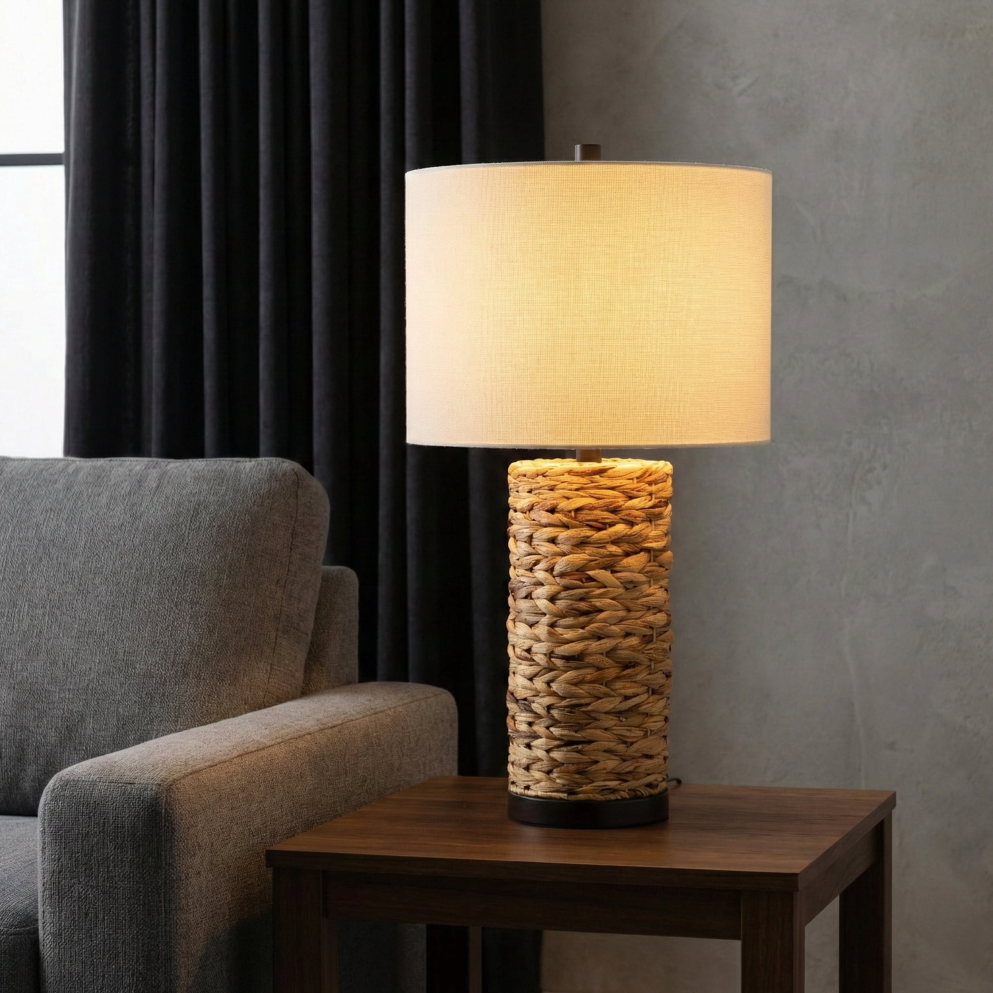 Sagebrook Home Metal Seagrass Base and Linen Drum Shade Table Lamp for Home Decor - Accent Lighting for Bedroom and Living Room - 26", Brown & White