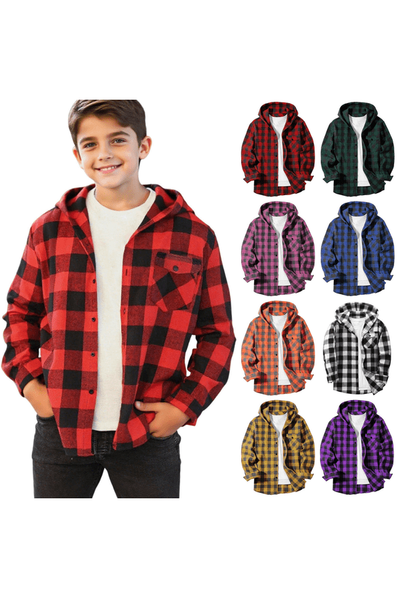 Boys Plaid Flannel Shirts Unisex Kids Long Sleeve Casual Button Down Shirt with Hood,Fall Winter Oversize Jacket Outwears for Boys 4-15 Years