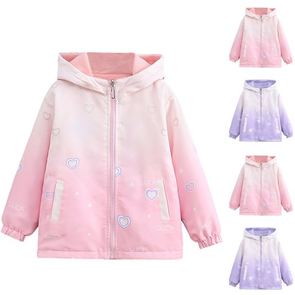 Abtuhar Toddler Girls Fall Winter Hooded Casual Outerwear and Jackets Heart‑print Water‑resistant Reversible Fleece‑lined Wind‑proof Coat for 4‑15 Years