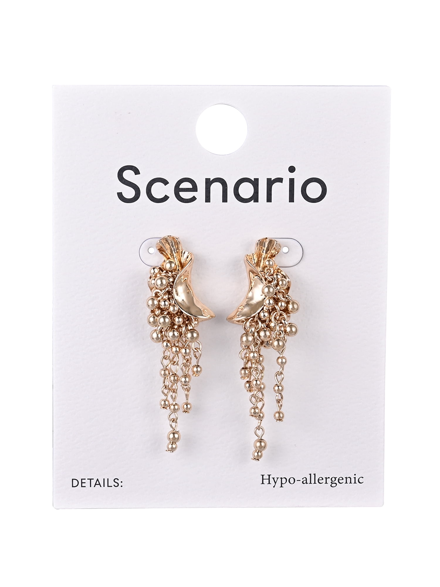 Scenario Women's Gold-Tone Textured Crescent Metal Beaded Fringe Drop Earrings