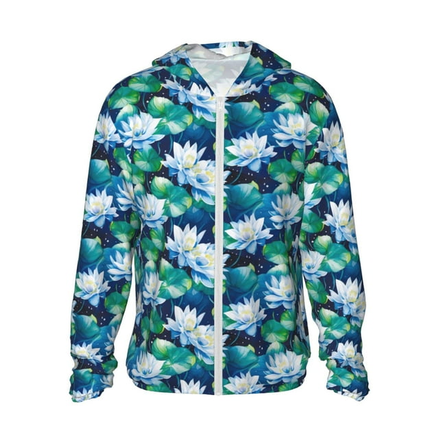Vsdgher Sweat à Capuche Imprimé Fleur de Lotus Bleu pour Hommes Femmes, Manches Longues Protection Solaire Pêche Course Natation-Grand