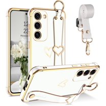 for Samsung Galaxy S23 Case 6.1", Cute Heart Wristband Lanyard Cross Body Strap Electroplated Camera Protection Shockproof Protective Case Women Girls for Samsung Galaxy S23 6.1"-White.