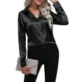 thumbnail image 3 of Satin Blouses for Women Casual Long Sleeve Button Down Shirts Dressy Business Work Tunic Top Black L, 3 of 9