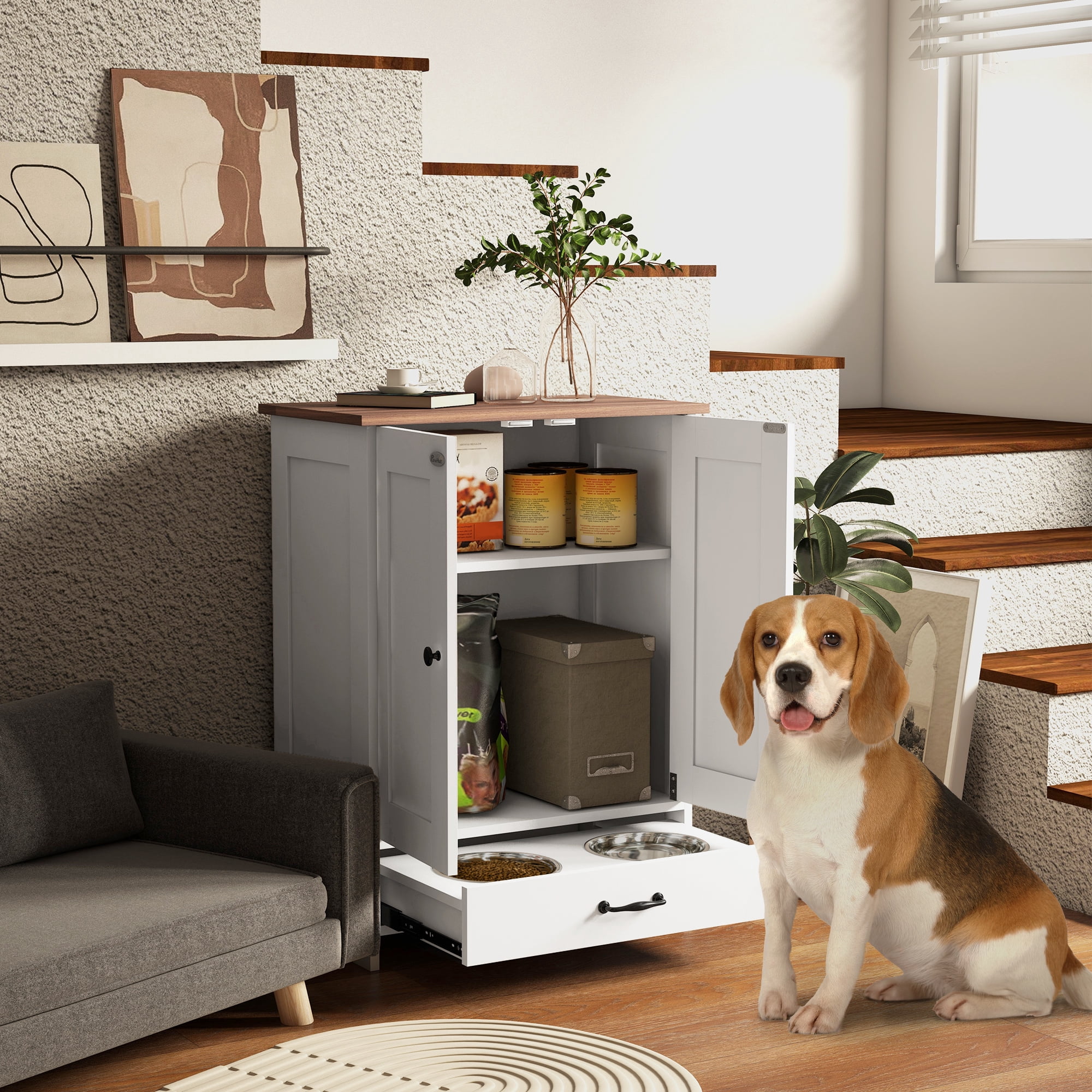 Dog Bed PawHut Dog Feeding Station, Dog Food Storage Cabinet with Hidden Dog Bowls, Adjustable Panel, Hooks for Medium Sized Dogs, White,Large Dog Bed