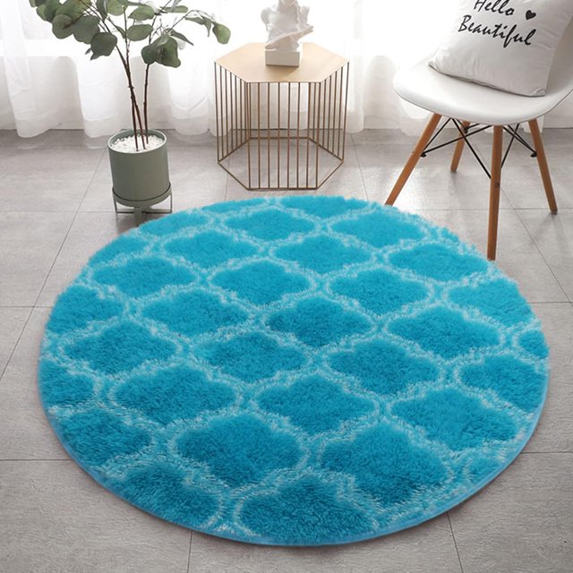 Moroccan Boho Vintage Area Rugs Fluffy Plush Circle Rug Washable Retro Area Rugs Shaggy Carpet Mat for Bedroom Kitchen Bathroom Living Room, 2 ft, Blue