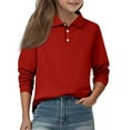 thumbnail image 2 of Girls' Long Sleeve Polo Shirt Casual Spring Collared Top Basic School Uniform for Kids Red 160, 2 of 5