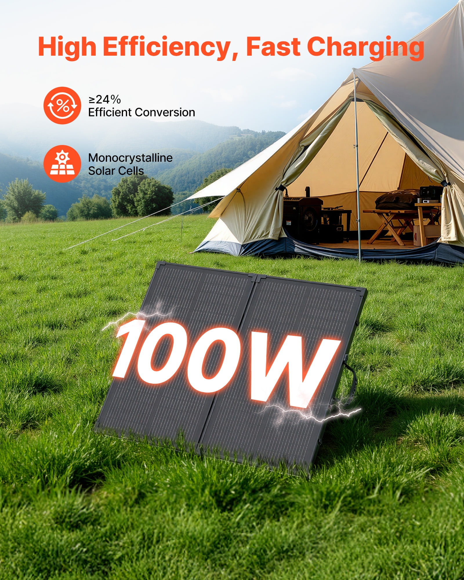 VEVOR 100W Foldable Solar Panel with Frame, 16BB N-Type Portable Monocrystalline Solar Panel Charger 24% Efficiency, IP67 Waterproof with 30A PWM Controller & MC4 Output for Camping, Hiking, RV Trips