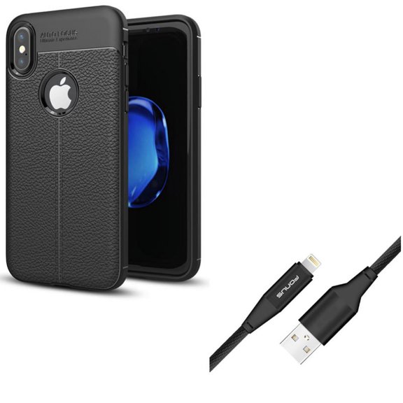 6ft USB Cable w Case for iPhone XS/X - Charger Cord Power Wire Braided Long, PU Leather Slim Fit Cover Reinforced Bumper Shock Absorbent for iPhone XS/X