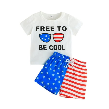 

GXFC Toddler Baby Boys 4th of July Outfits White Short Sleeve Letter Print Tops+Stars Stripe Shorts Set Little Boys Independence Day Summer Clothes 2Pcs 9M-4Y