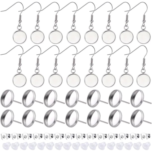 1 caja de 200 piezas de accesorios para aretes de cabujón, biseles en blanco para aretes, engastes de aretes de cabujón, aretes de cabujón de acero inoxidable 304 con tuercas para aretes