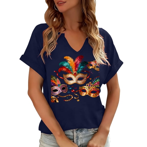 Olyvenn V-Neck Short Sleeve Blouses Casual Printed T-Shirt Comfortable for Daily Wear Women's Top Fashion All Season Stylish Navy S