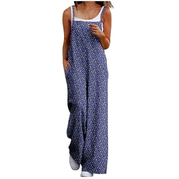 Women Casual Loose Jumpsuit Printed Pockets Sleeveless Back Strap Jumpsuit Dark Blue S