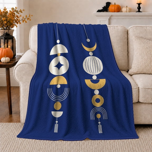 Moon And Star Scene Golden Sky Symbols Mystical Celestial Style Celestial Art Lovers Golden Zodiac Motif Warm Flannel Blanket, Housewarming Gift for Bedroom and Reading Nook Home Decor