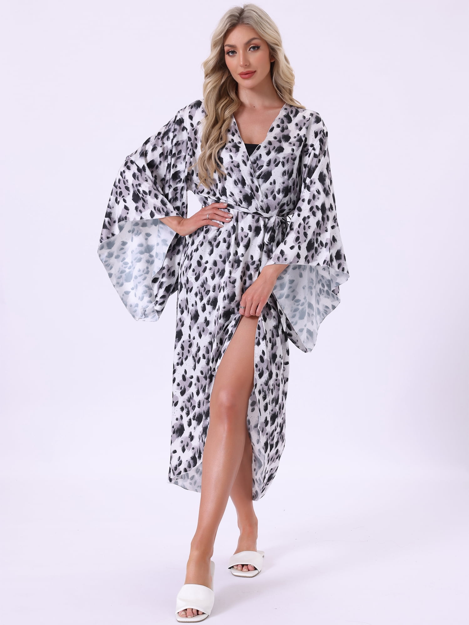 DARING DIVA Women's Satin Kimono Robe Wrap Front Bridesmaid Bride Lightweight M Black