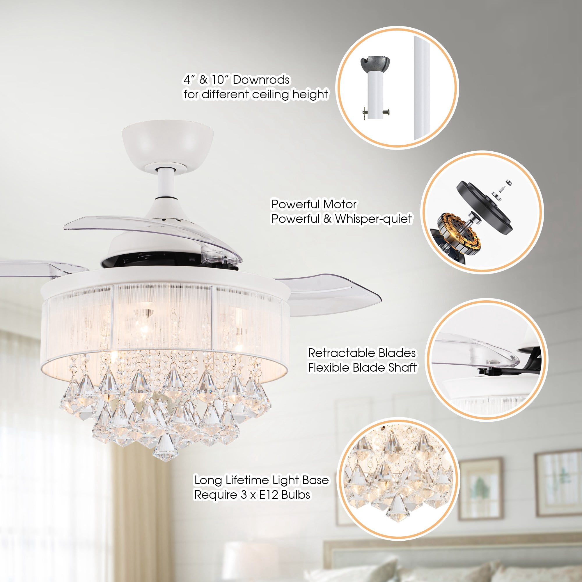 Parrot Uncle 36" Modern White Retractable 3-blade Crystal Ceiling Fan with Remote,  Glam Indoor Chandelier Fan
