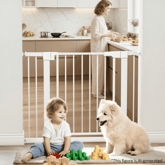 Naipo Baby Safety Gate,29.93~40.55 inch Wide Walk Through Baby Gate Hardware/Pressure Mounting Kit,with 2 Extensions for Age 6 to 24 Months,White