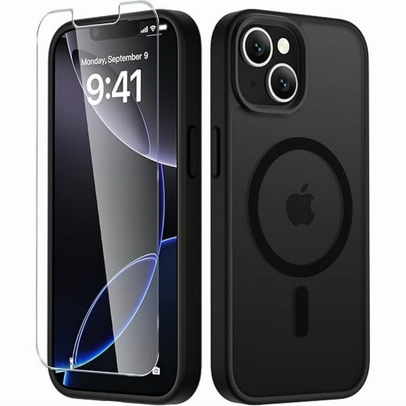 1997 iPhone 14 & 13 Case, Magnetic Cover with Screen Protector | Compatible with MagSafe | Military Grade Protection | Translucent Matte Frosted Back | Black