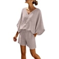 thumbnail image 3 of VBVC Women's 2 Piece V-Neck Batwing Sleeve Shorts Set, Ladies' Soft Breathable Top and Drawstring Shorts,Summer Loungewear For Women,Beige,S-2XL, 3 of 9