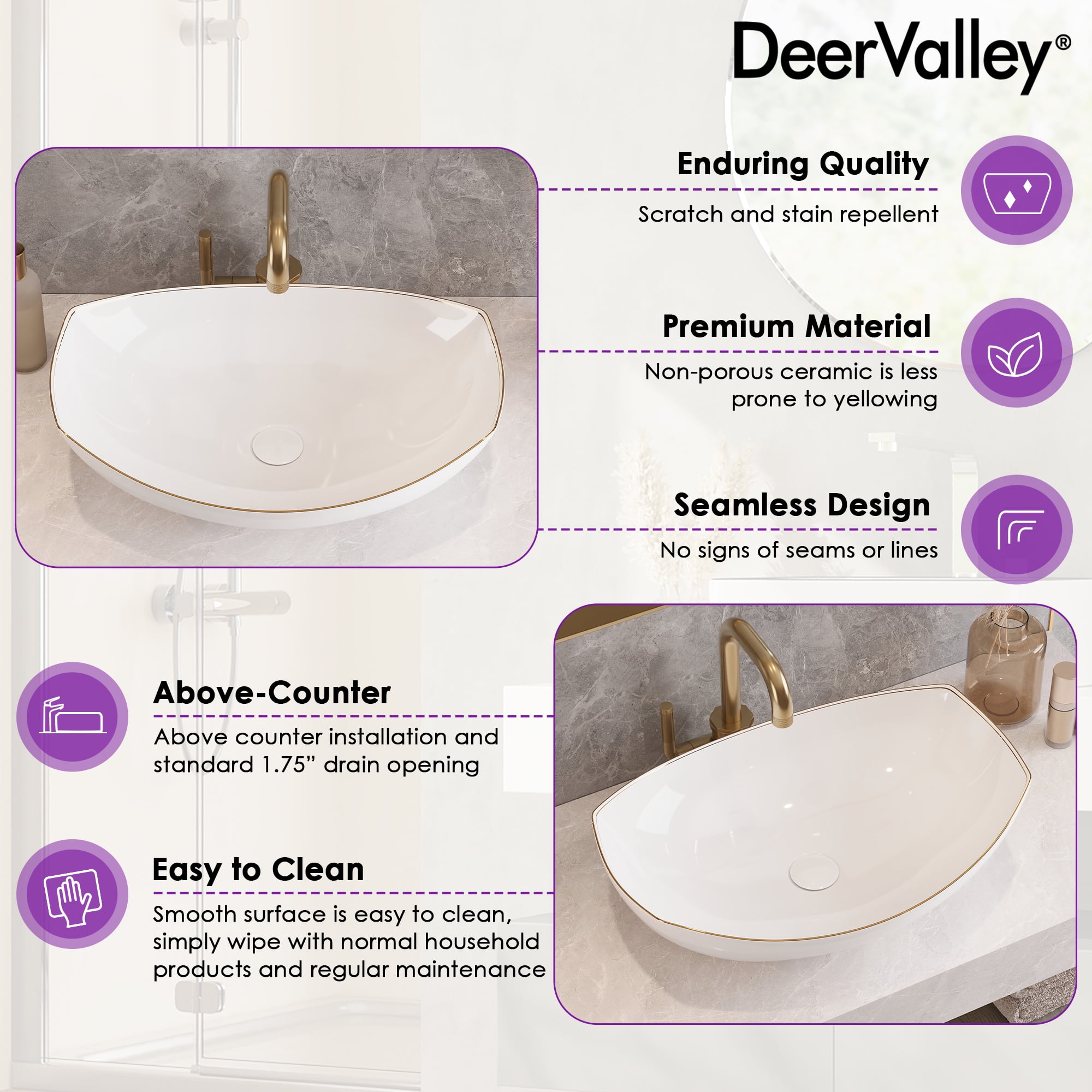 Deervalley 22" X 16" Boat-Shaped Ceramic White Vessel Sink Bathroom Sink With Gold Striped Edges DV-1V0319