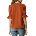 thumbnail image 4 of INSPIRE CHIC Women's Ruffled V Neck Puff Elbow Sleeve Semi-Sheer Chiffon Blouse S Brown Red, 4 of 9