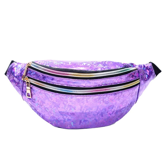 Hemoton PU Leather Reflective Fanny Pack Colorful Sequin Waist Pouch Shoulder Pouch Crossbody Bag for Women Ladies Outdoor Travel (Dazzling Purple)