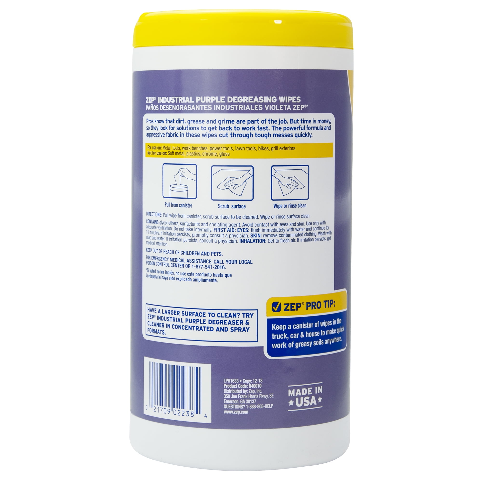 Zep Industrial Purple Heavy-Duty Degreasing Wipes - 65 Count (Case of 4) - ZUINDPRPL65 - Dissolves Oil, Grease and Adhesives Fast