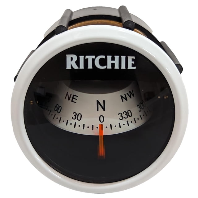 Ritchie Navigation Compass X-23WW RitchieSport; White; 12 Volt Green LED; Dash Mount; 2 Inch White Direct Read Dial; Adjustable To 30 Degree Viewing Angle; Front Readable Black DR Rose