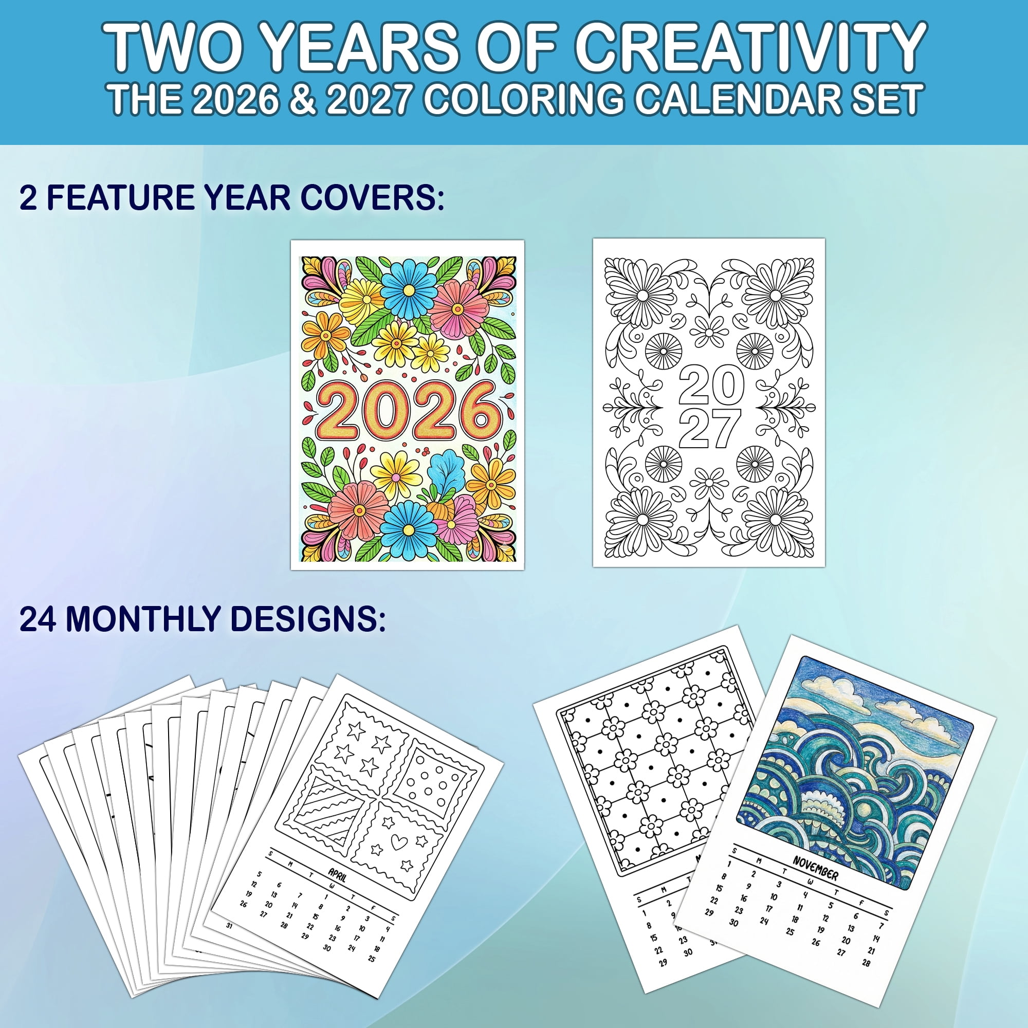 Comfy Patterns Coloring Desk Calendar 2026–2027, A5 Wooden Cover Planner with 26 Easy Coloring Pages for Adult Relaxation, 24 Month Desktop Calendar with Stand, Gift for Family & Friends