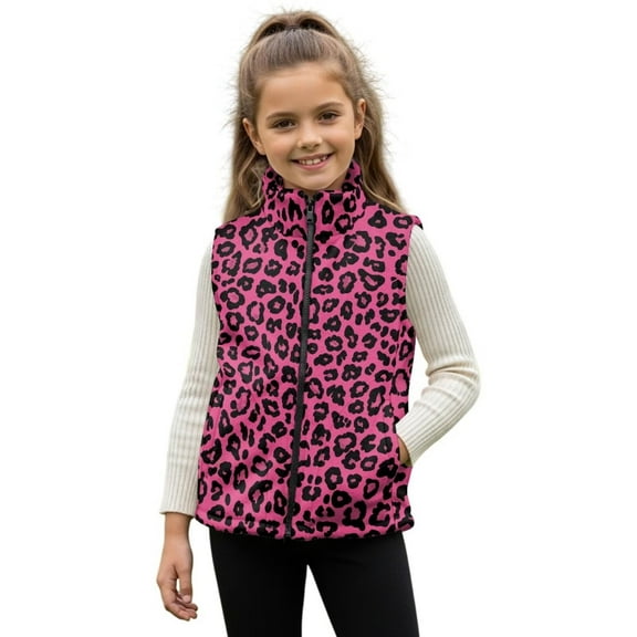 Garronmavis Pink Leopard Print Girls Outerwear Vest Size 2T Stand Collar Lightweight Zip Coats with Pockets Fall Outerwear Versatile Fall Winter Warm Sleeveless Outerwear for Daily Life