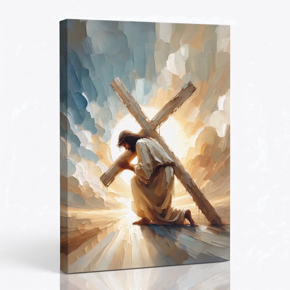 PORMIPONE Jesus Carrying Cross Wall Art 24×36in Warm Tones Fully edge-bound canvas Christian Spiritual Artwork for Living Room