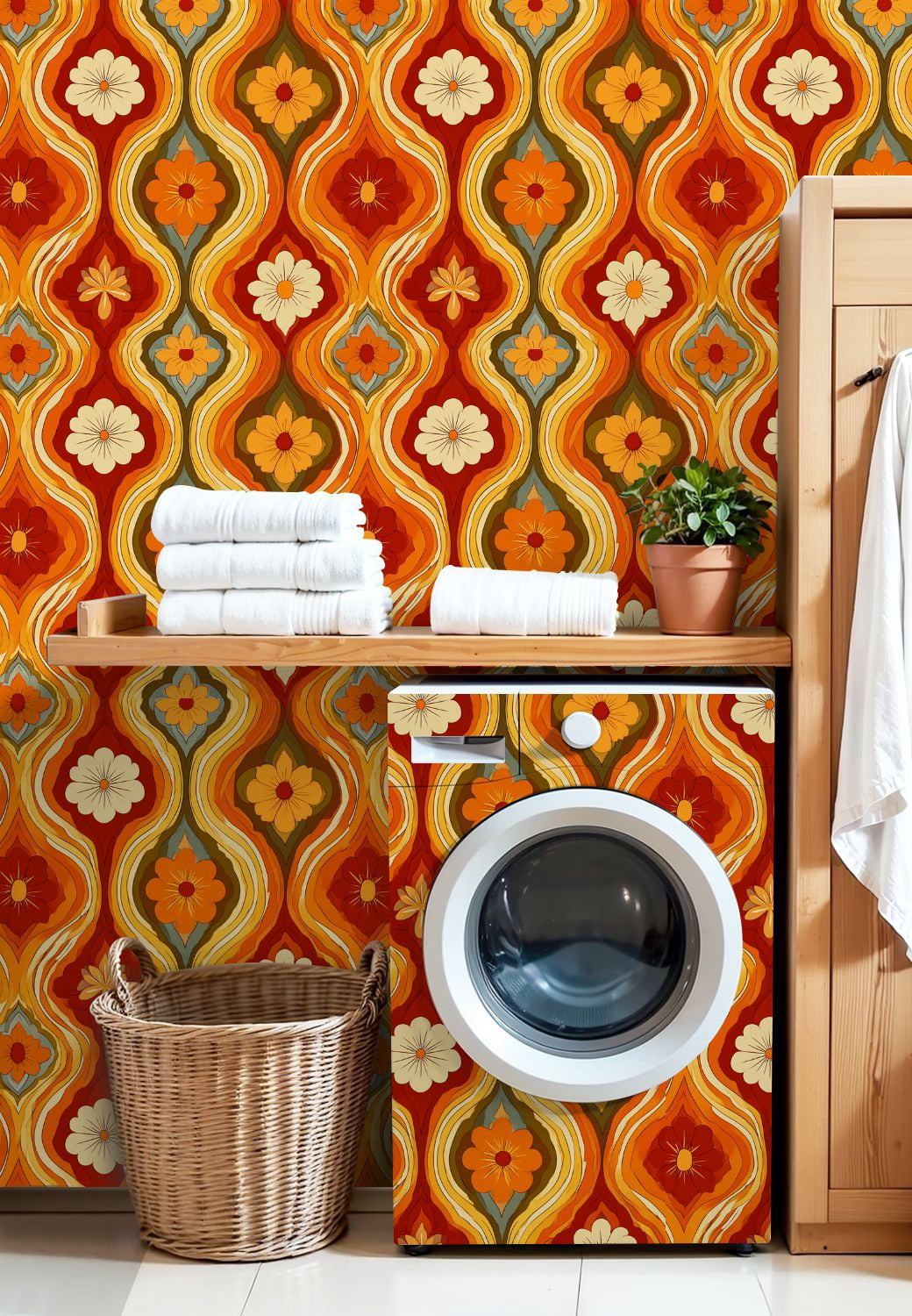 Vintage Peel and Stick Wallpaper Retro Floral Warm Tones Orange Red Yellow Wall Mural 17.7in x 9.8ft Self Adhesive Removable Wall Paper Renter Friendly Wallpaper for Nursery Bedroom Cabinets
