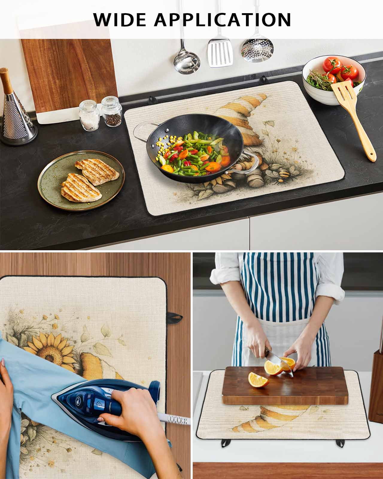 nqOlkjepod Large Induction Cooktop Protector Mat 28.5"x20.5", Yellow Gnomes Stove Top Covers for Electric Stove, Sunflower Botanical Line Retro Pastoral Stove Burner Cover Mats Stove Cover