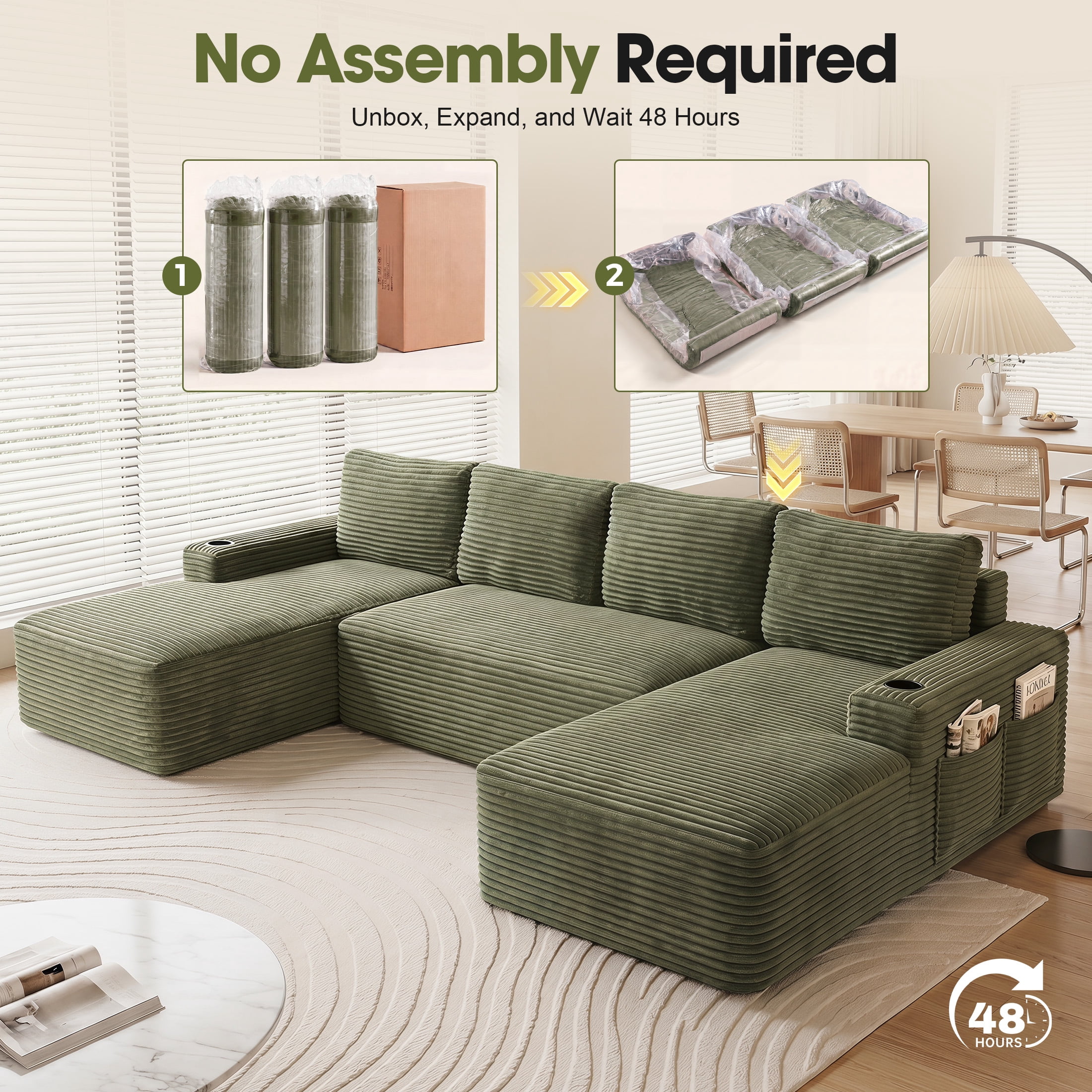Aenkyo 133 in U-Shaped Cloud Corduroy Sectional Sofa with Cup Holders for Living Room, Green