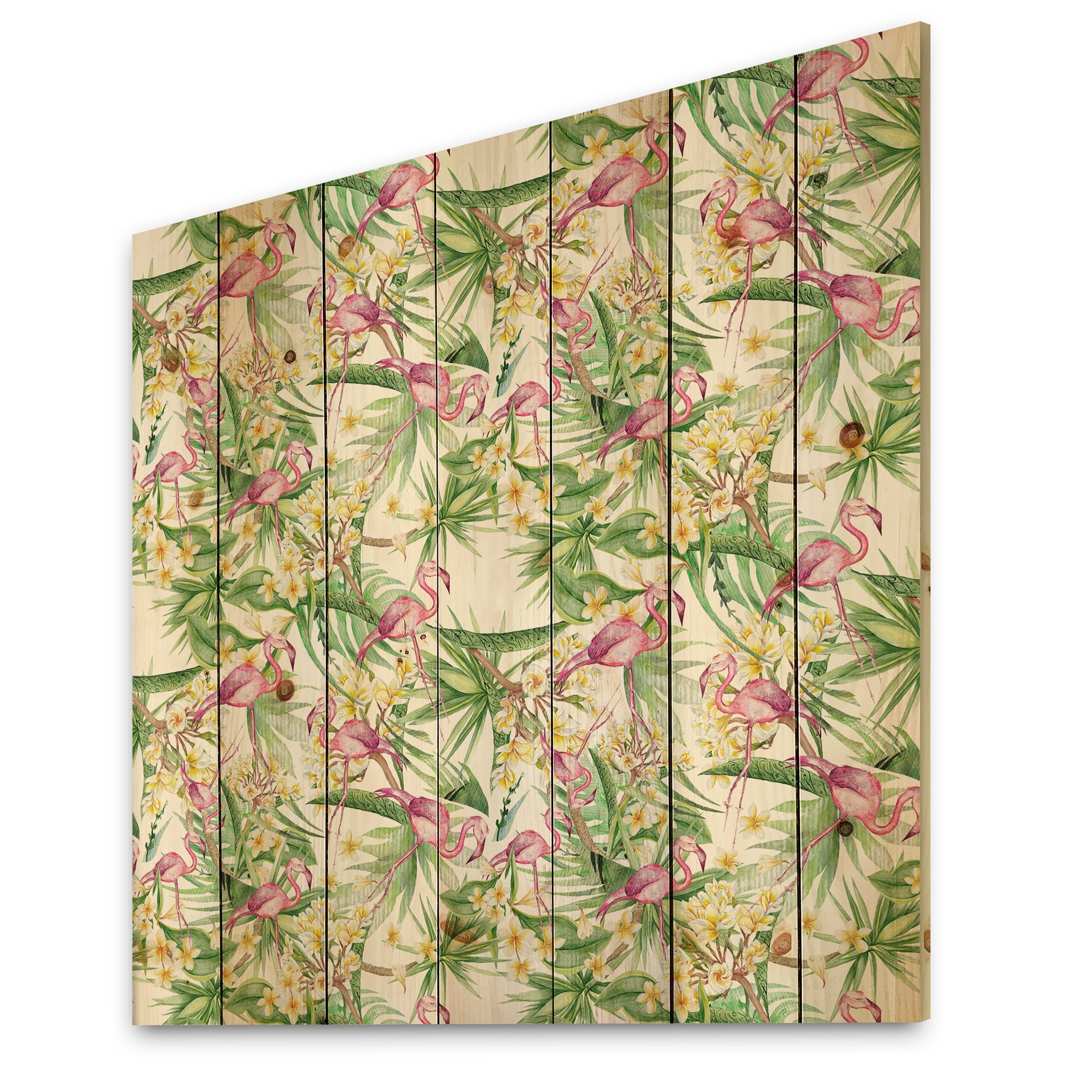 Designart 'Yellow Flowers, Tropical Foliage With Flamingo II' Modern Print on Natural Pine Wood