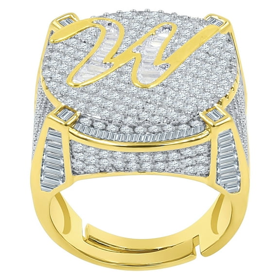 Mens Gold Tone Baguette/Round Cut Simulated Diamond Initial Letters Alphabet "w" Ring Band