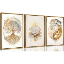 Tree of Life Canvas Wall Art Gold Lotus Zen Painting Picture Wall Decor Abstract Yin Yang Poster Print Artwork for Living Room Yoga Room Hotel Bedroom Home Decoration Wood Color
