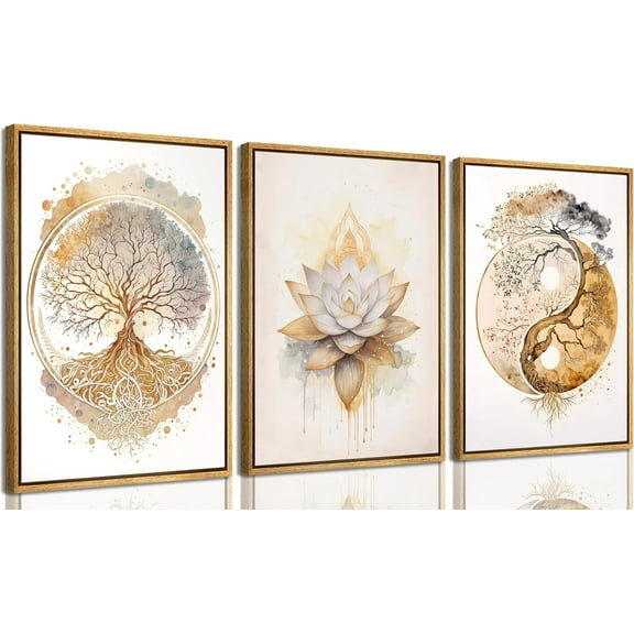 Tree of Life Canvas Wall Art Gold Lotus Zen Painting Picture Wall Decor Abstract Yin Yang Poster Print Artwork for Living Room Yoga Room Hotel Bedroom Home Decoration Wood Color
